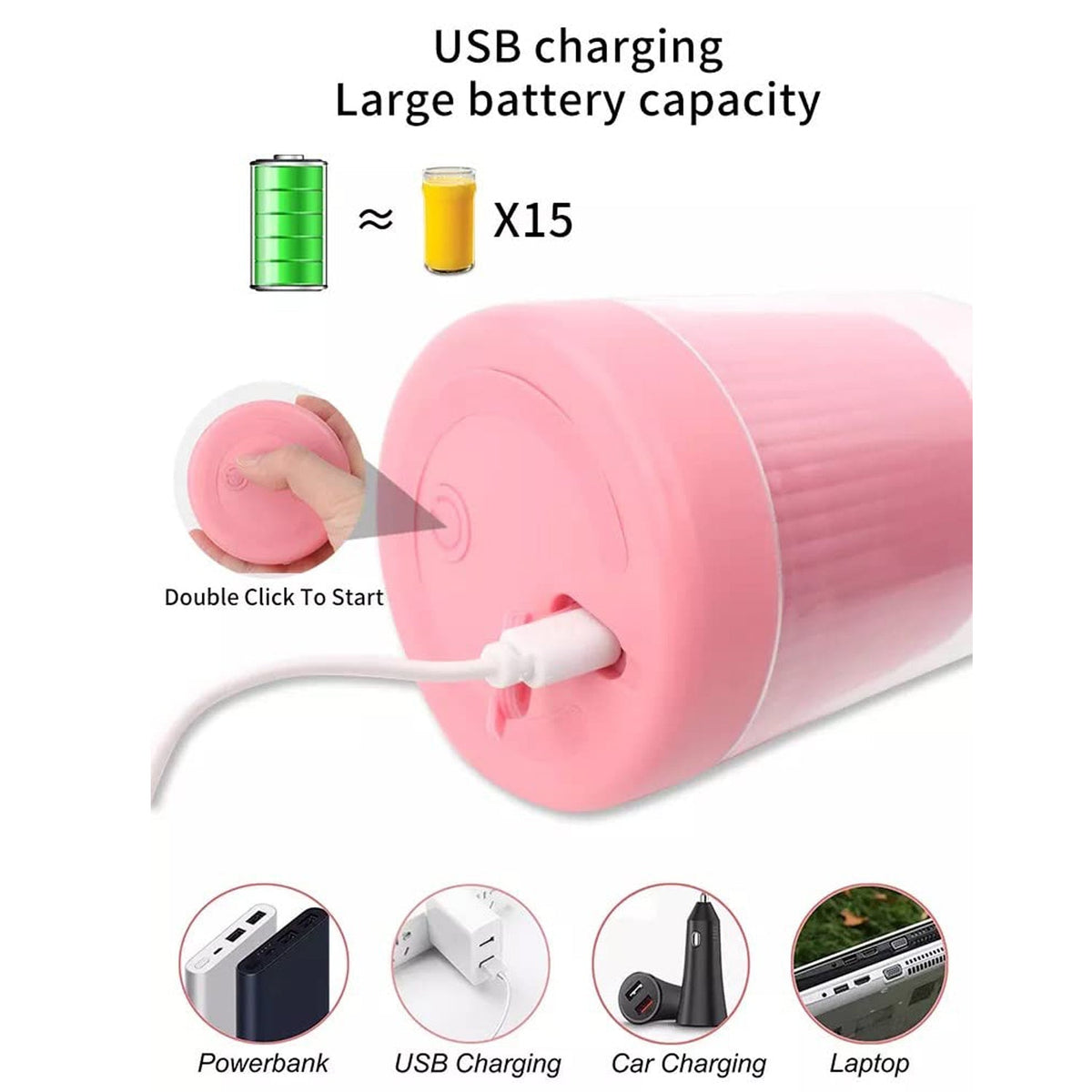 BLENDER PORTABLE JUICER FOR SMOOTHIE-JUICE-VEGETABLE SHAKES WITH 6 BLADES WIRELESS CHARGING MINI PERSONAL SIZE MIXER BOTTLE GRINDER 420 ML