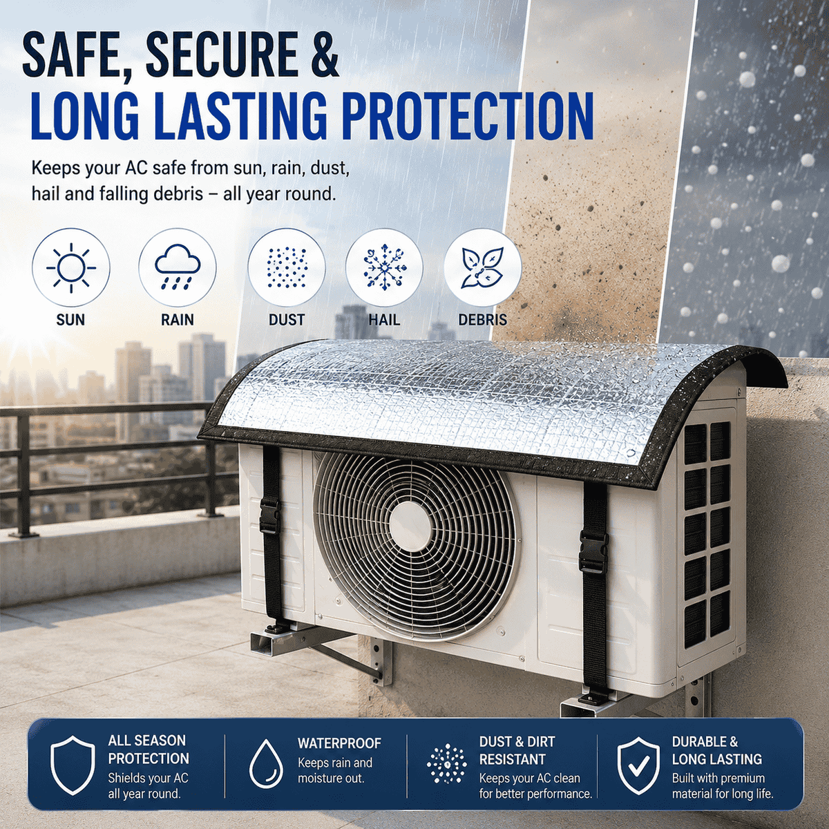 Premium AC Outdoor Unit Cover for AC | Heat Resistant Waterproof Aluminium Foil Sun Shade Cover | UV, Rain & Dust Protection for Compressor Outdoor Unit